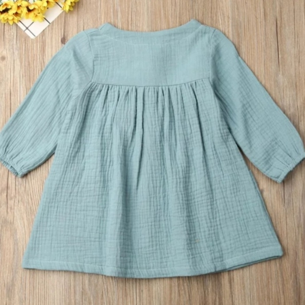 Boho Girl Dusty Blue Muslin Cotton Long Sleeve Dress Pockets Button Up Sz 4-5 - Picture 3 of 6